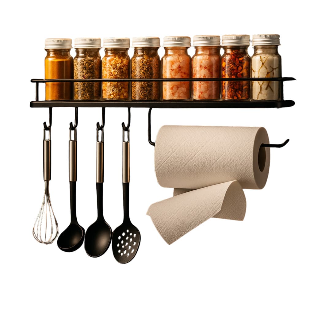 Suporte Multiuso Prateleira De Parede Porta Rolo Temperos Talheres Cozinha Com Fixação