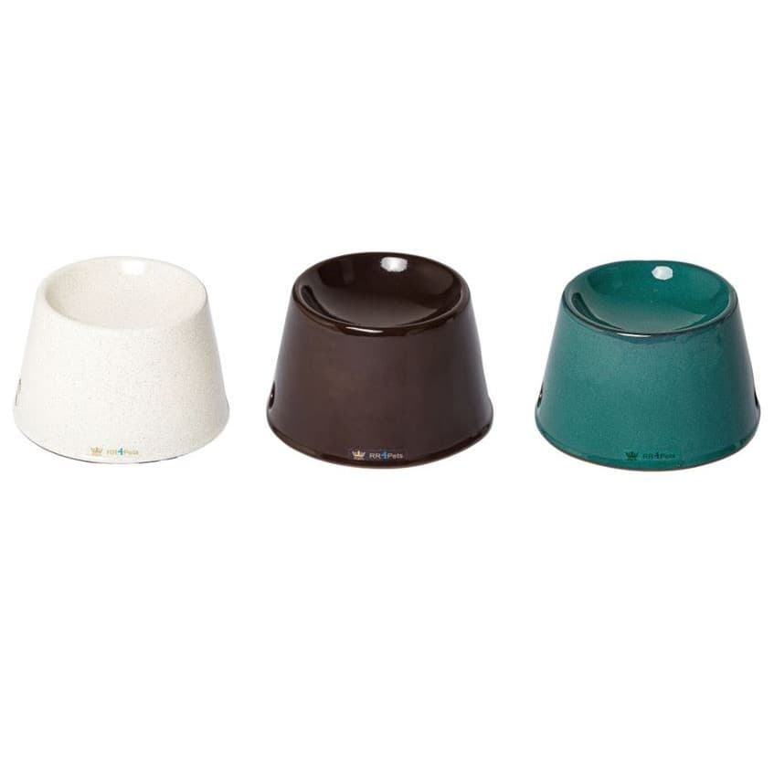 Comedouro Para Gatos E Cães Pequenos Em Cerâmica Elevado Ergonômico RR4pets Verde Marrom Branco