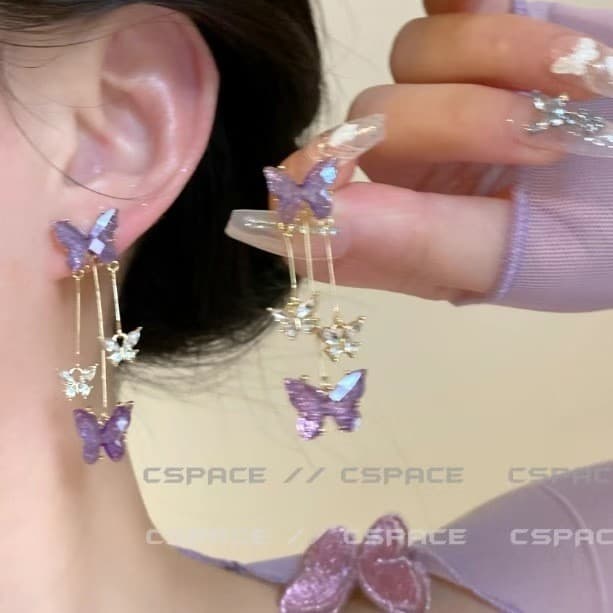 Brincos de borla longa com borboleta roxa para mulheres Brincos de design de nicho personalizado Brincos temperamentais