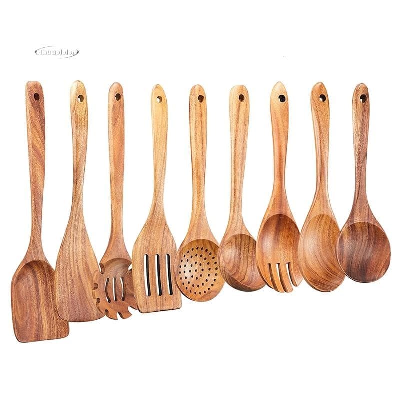 Conjunto De Utensílios De Cozinha De Madeira , 9 Colheres Para Cozinhar , Panela Antiaderente
