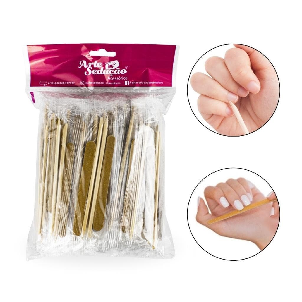 Kit 100 Lixa e Palito Ponta Chanfro Embalado Individualmente Manicure Pedicure Nail Designer