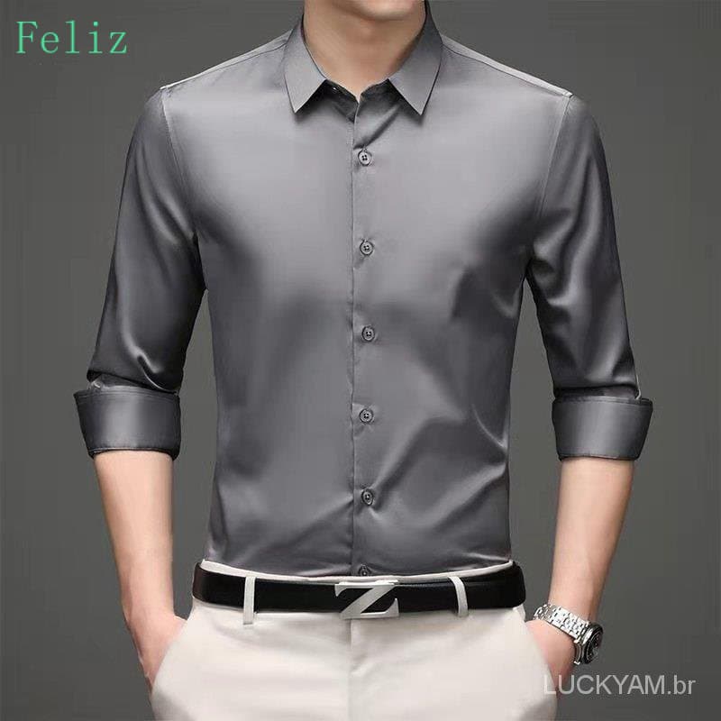 Primavera e verão seda gelo manga longa dos homens negócio Paul camisa formal slim fit rugas R 3527