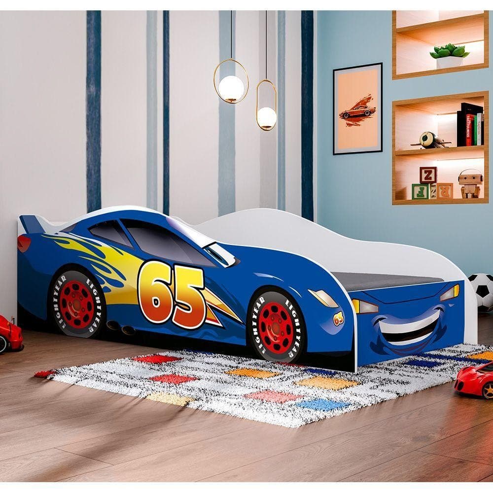 Mini Cama Personagens Grade Proteção Crianças Carro Azul Carro Rida Relâmpago Azul