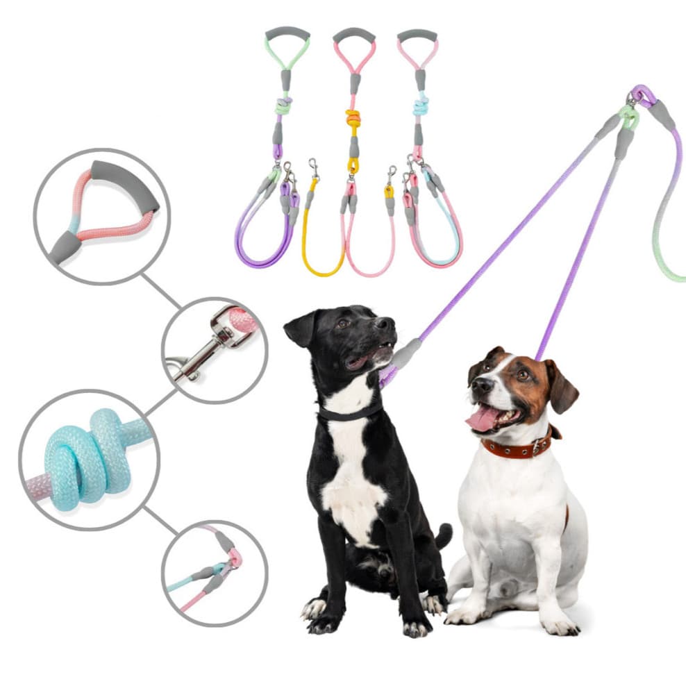 Guia Dupla para Cães - Antienrolamento, Gradiente, Resistente, Ideal para Passear com 2 Pets