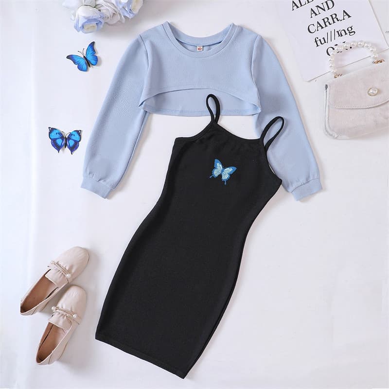 Meninas Borboleta Impresso Estilingue Vestido + Conjunto Superior Crianças Primavera Outono Roupas De Moda