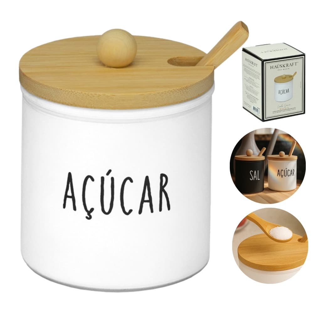 Açucareiro 300ml Com Tampa e Colher de Bambu Porta Açucar Sal Mix de Tempero