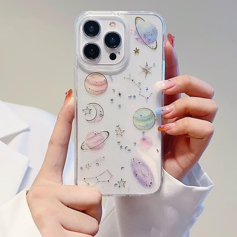 Transparente Glitter Gradiente Estrela Planeta Caso Para iPhone 16 15 Pro Max 14 13 12 11 X Xs XR 14 Plus Capa