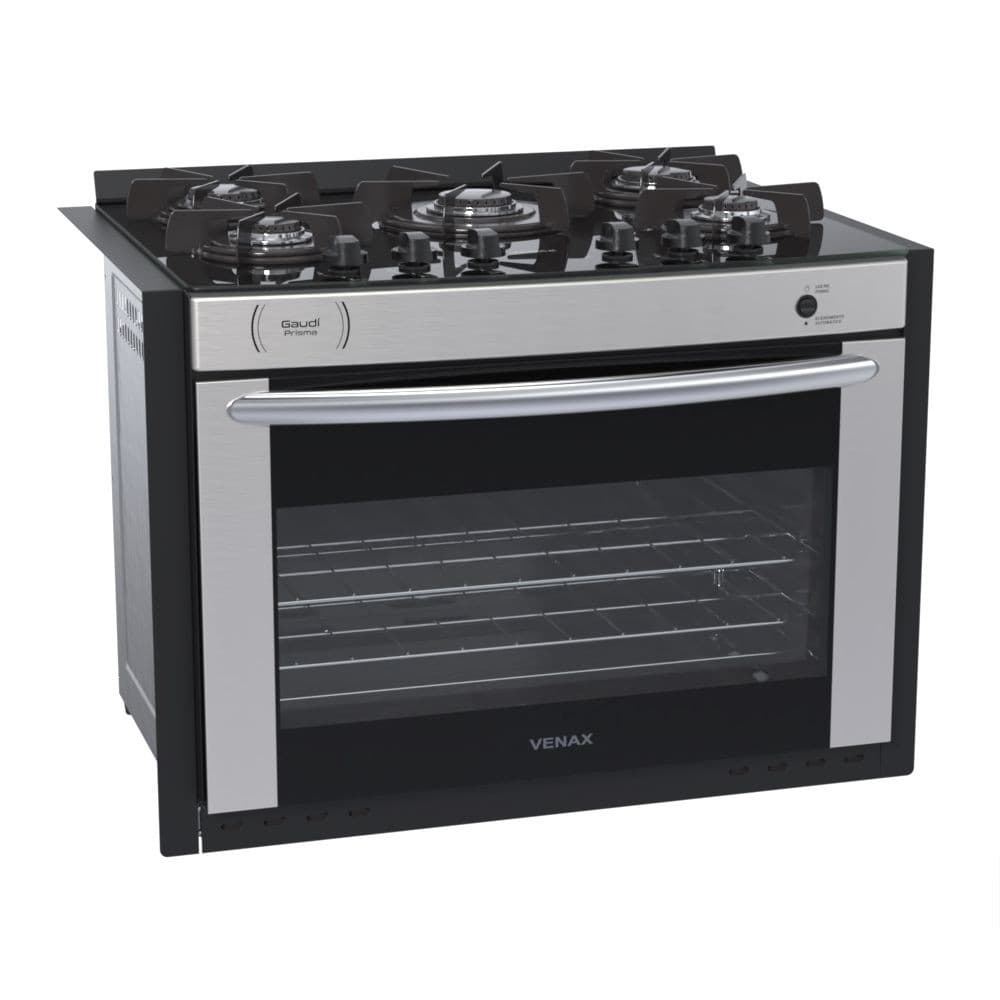 Fogão 5 Bocas de Embutir Venax Gaudi Prisma Vitreo Bl Gas Glp Inox