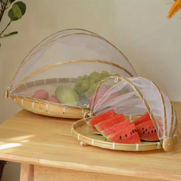 Cesto Porta Pães Bolo Bambu Cobertura Tela Retrátil 46cm