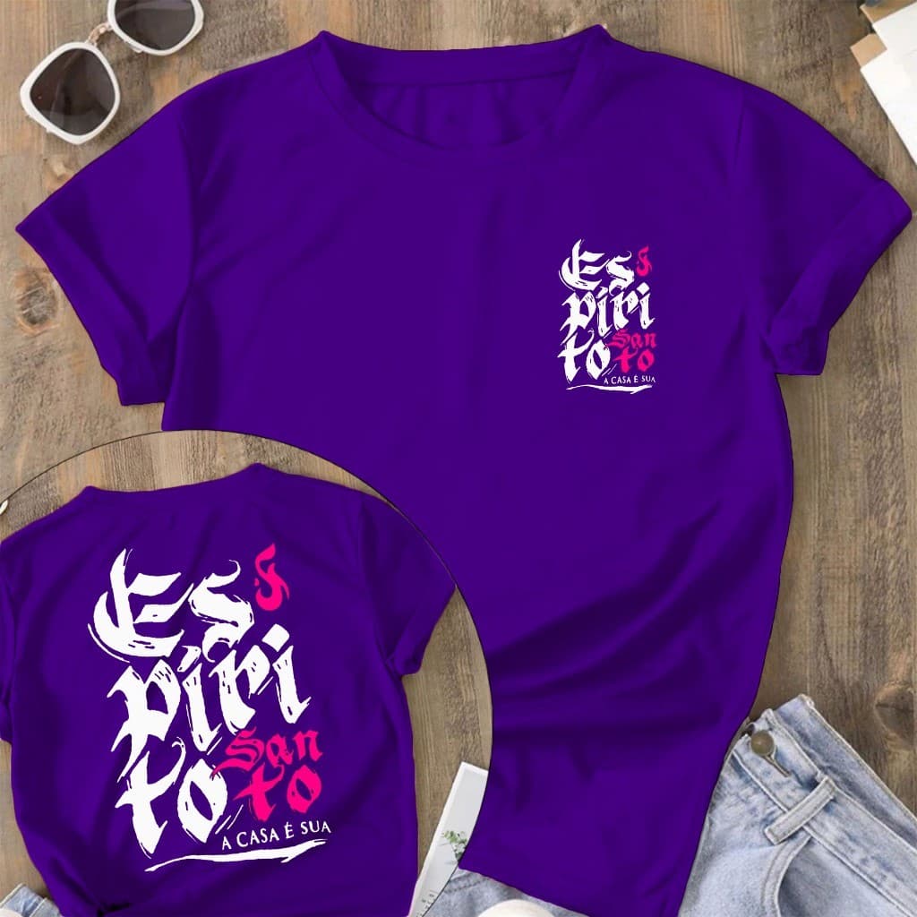 Camiseta Blusa Feminina ESPIRITO SANTO A CASA É SUA Camisa Evangelica Cristã Manfinity 100% algodão Street Wear