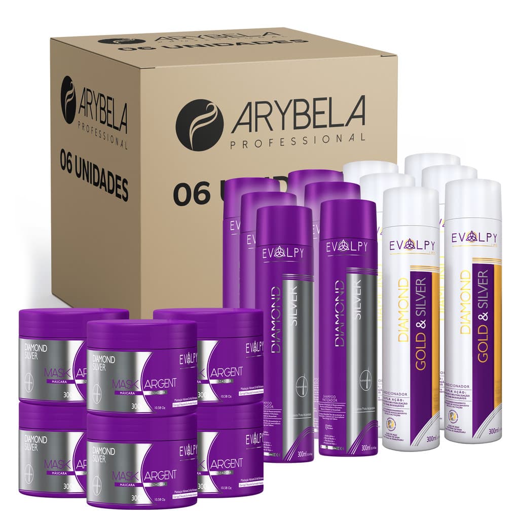 PACK 6 UN - SHAMPOO +  CONDICIONADOR + MASCÁRA DIAMOND SILVER 300g - MATIZADOR -  EVOLPY LISS
