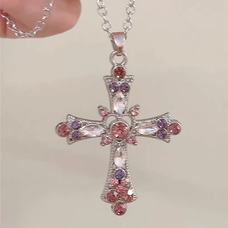 Colar Feminino Moda Cruz Coração Pingente Rhinestone - Jóias de Liga Presente Top