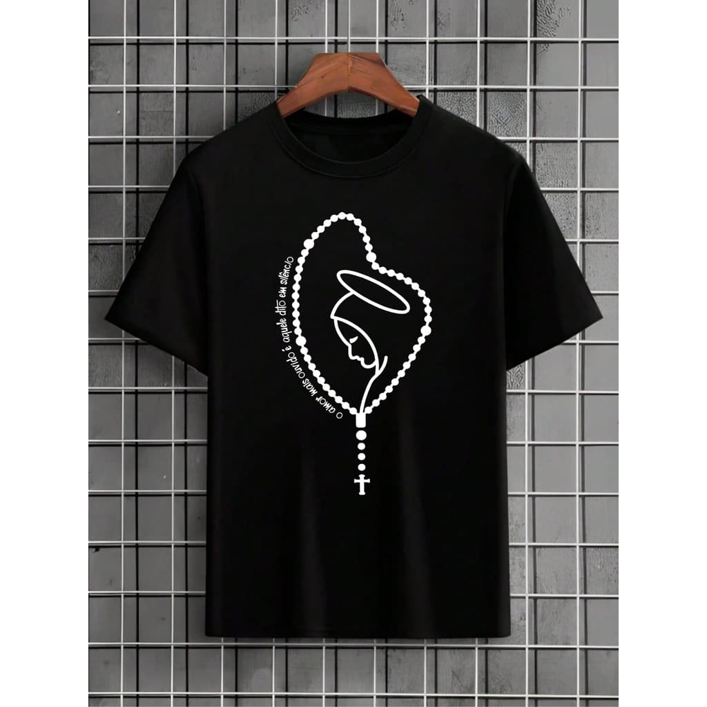 Camiseta Santa Terço Religioso Gospel Camisa Blusa Unissex Masculino Feminino Plus Size Streetwear Preto Branco