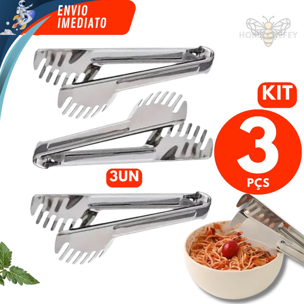 Jogo 03 Pegador de Massas Macarrão Aço Inox Salada Churrasco Massas Para Cozinha Multiuso Utensílios Qualidade Premium