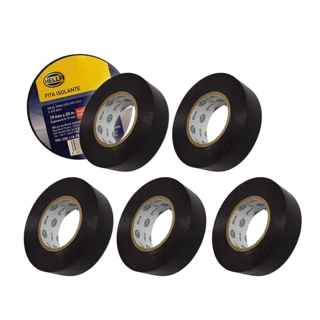 Kit 5 Fita Isolante 20 Metros 19mm Fita Isolante Resistente Fogo Graxa Umidade Fita Isolante Preta 20m 19mm Hella