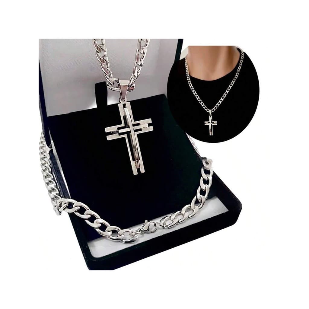 Corrente Masculino Grossa + Pingente Cruz  Aço Inox Prateado