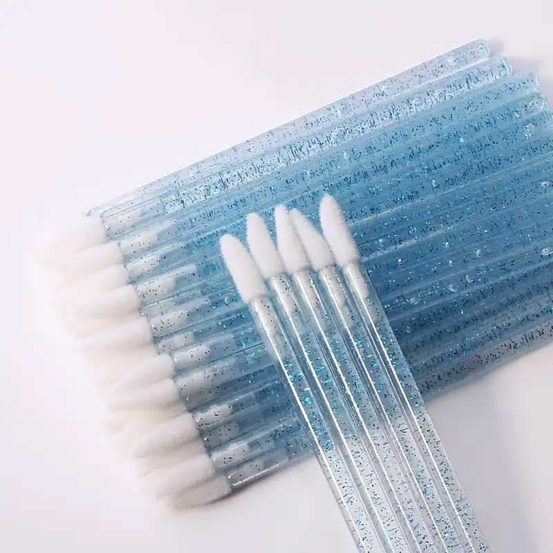 100 Pincel Aplicador Batom e Gloss Descartável Azul Glitter