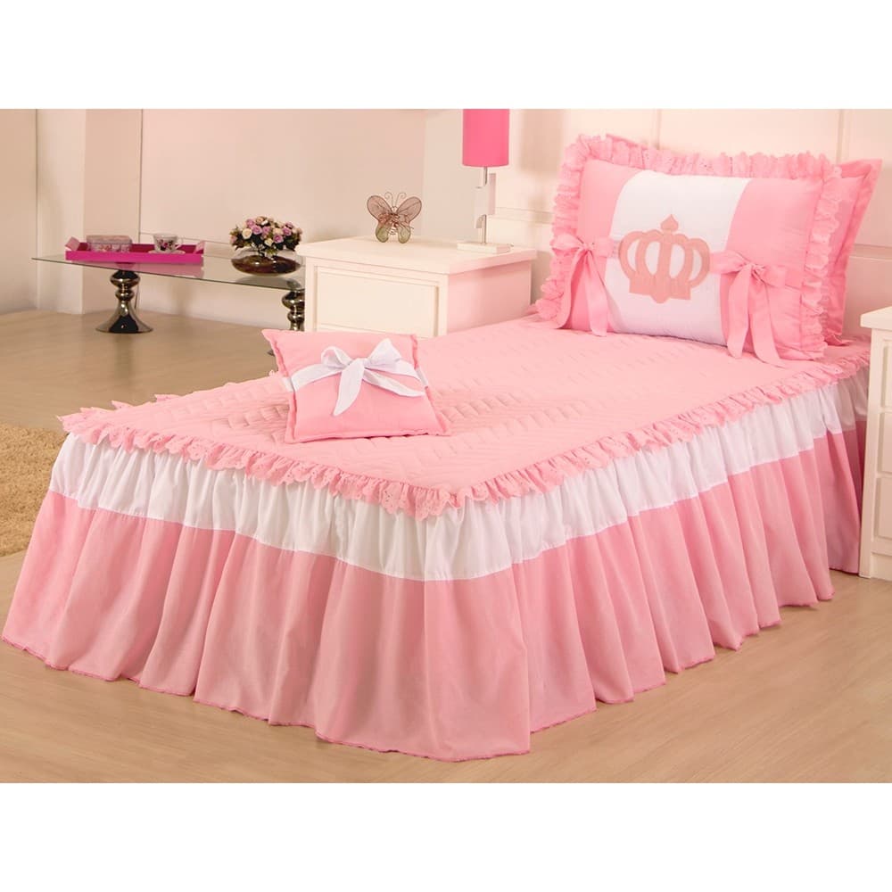 Kit Colcha Solteiro Realeza Rosa 03 peças