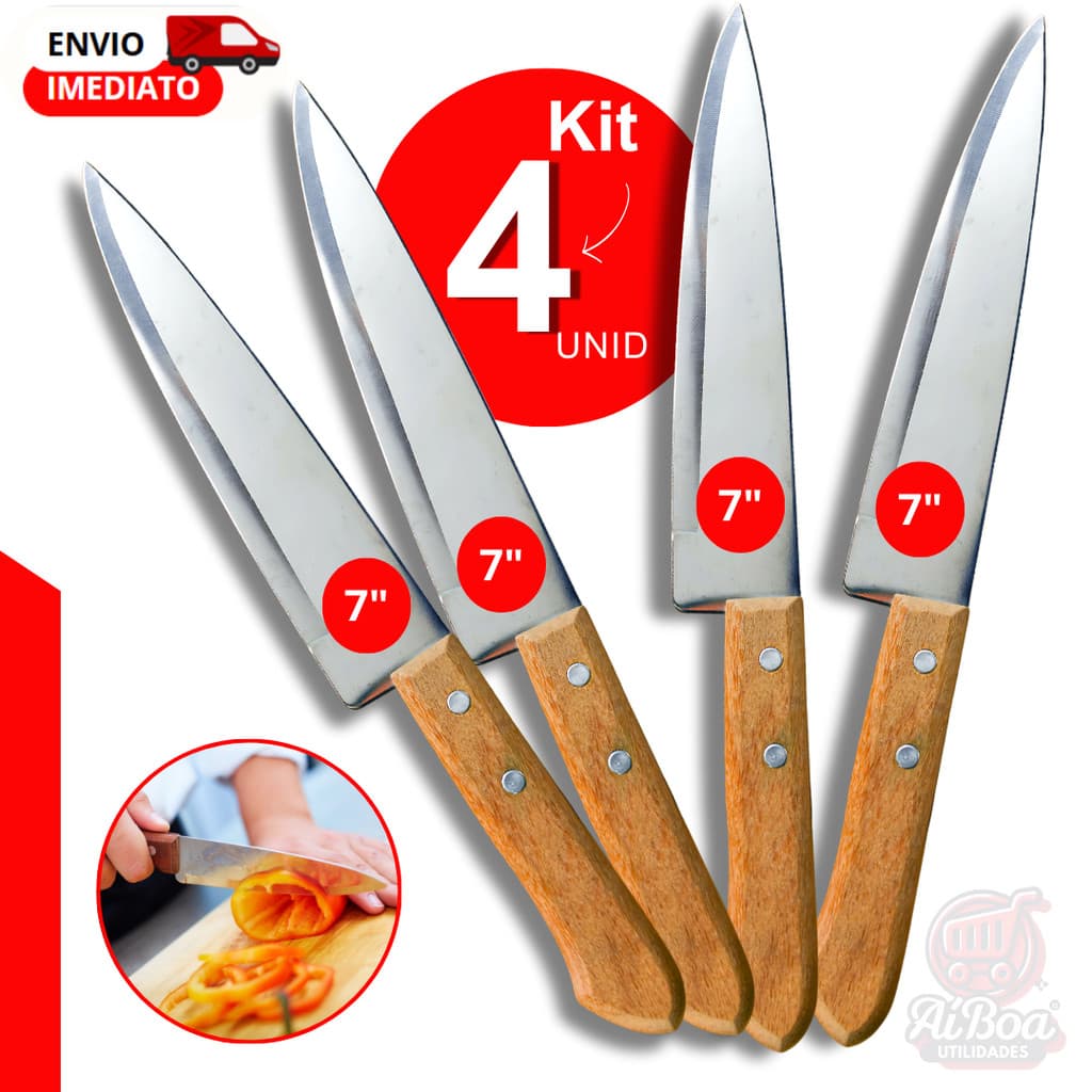 Kit 4, 2 ou 1 peça - Faca de Cozinha Aço Inox 7" Cabo de Madeira Corte Preciso Churrasco Uso Diário