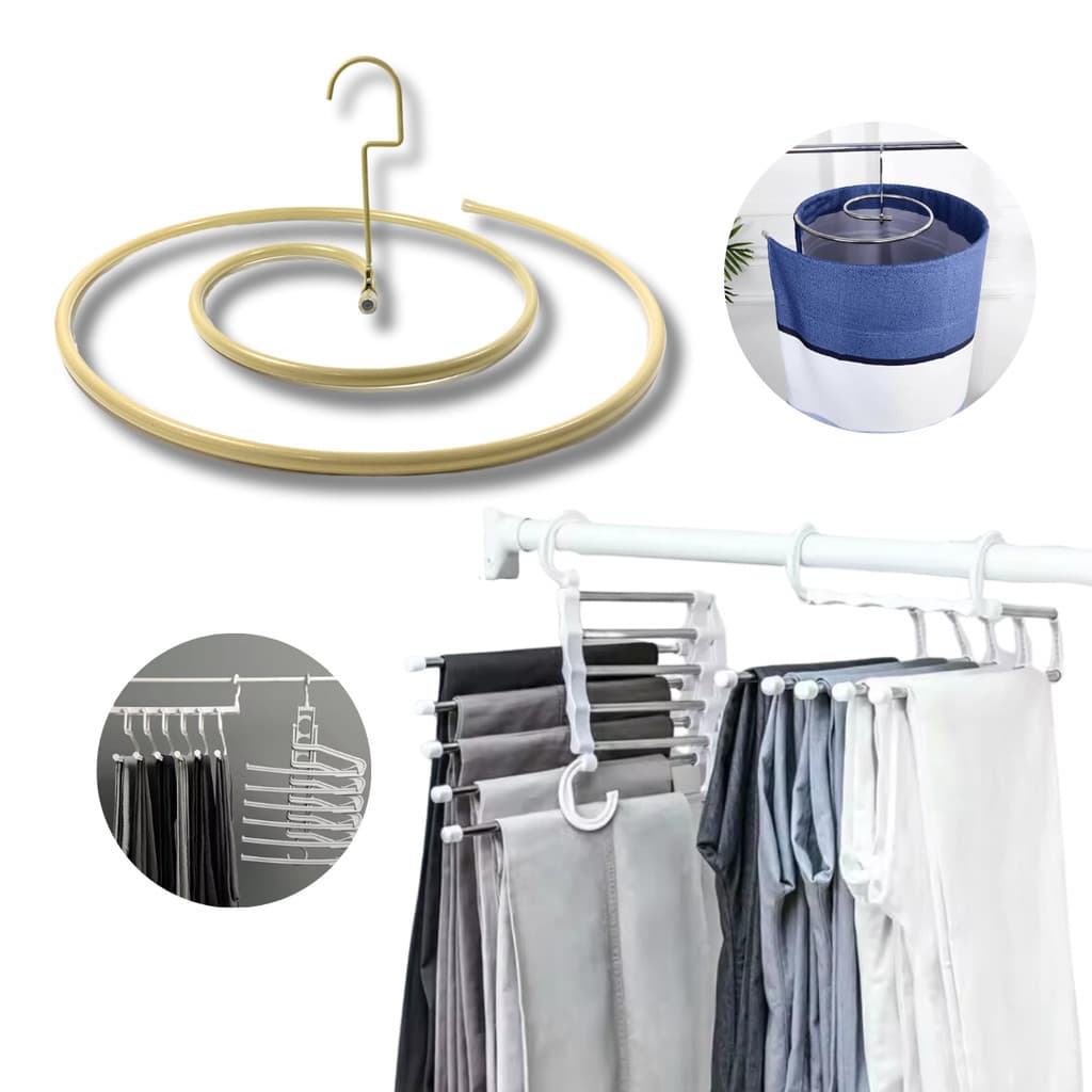 Kit Cabide Multifuncional Retrátil 5 Divisórias + Varal Espiral Secagem Rápida