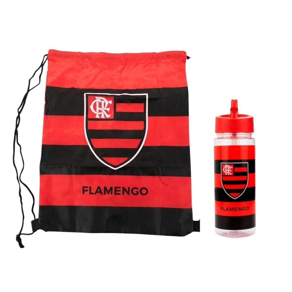 Kit Garrafa Squeeze 450ml C/ Mochila Tipo Saco Flamengo Para Escola Esporte Treino Infantil Juvenil Oficial Licenciada