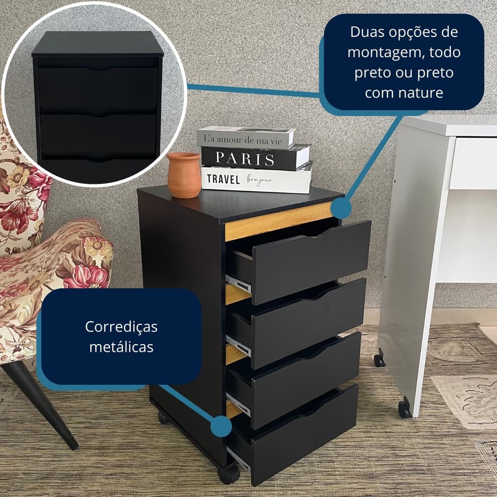 Gaveteiro Escritório mesa de cabeceira criado 4 gavetas com rodinhas Preto Todo em MDF