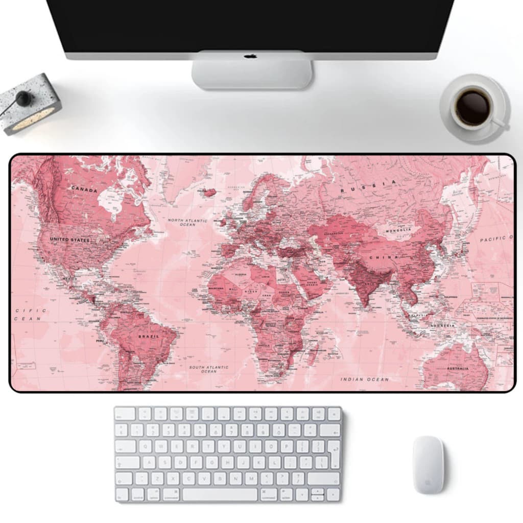 Mouse Pad Gamer  Extra Grande 90x40 Mapa Mundi Rosa-  BORDA COSTURADA