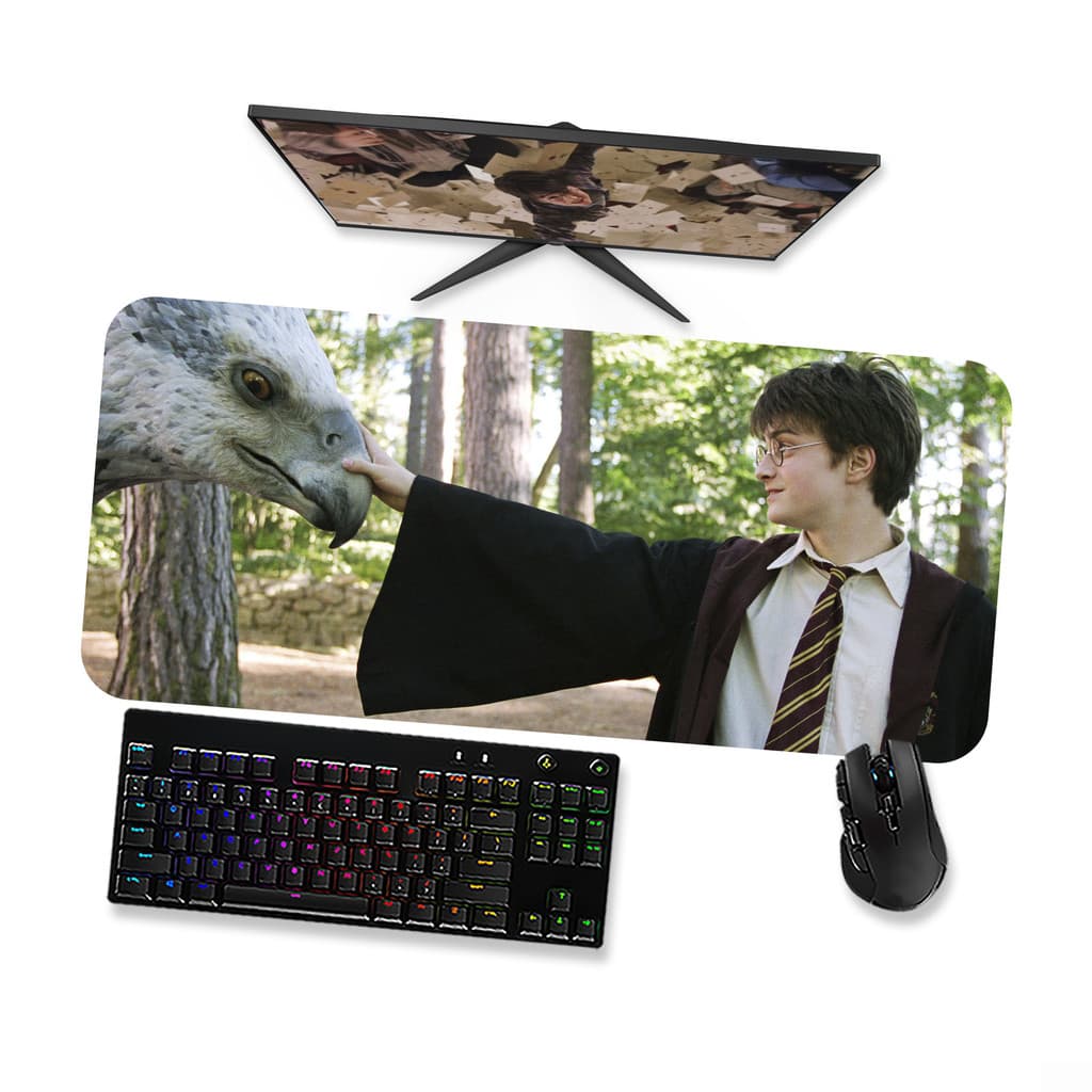 Mouse Pad Gamer Grande  Harry Potter Harry e Bicuço Buckbeak 1  90x40 80x40 60x40 70x30 45x40