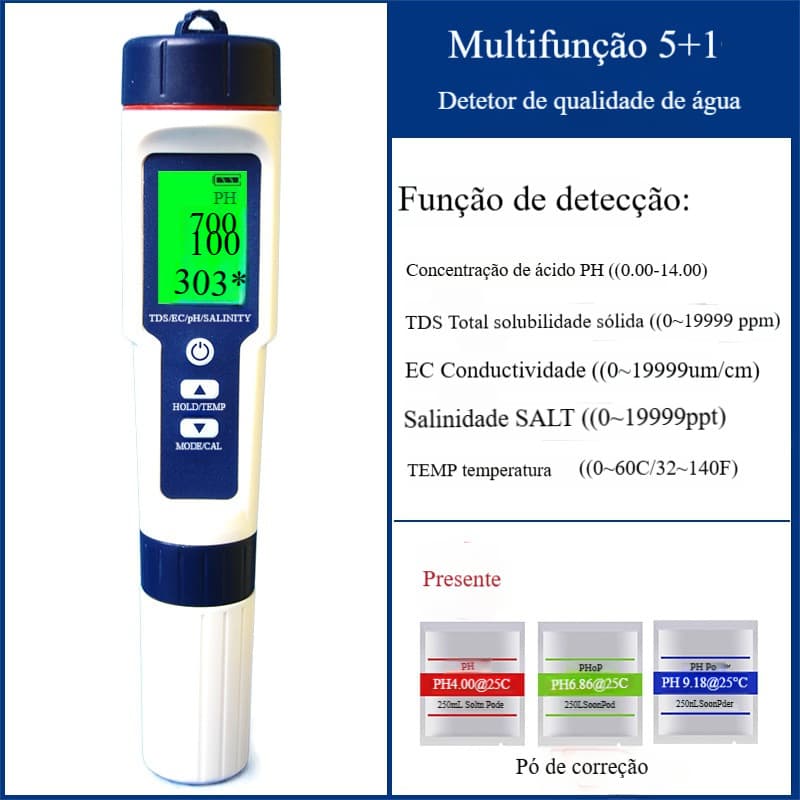 PH/EC/TDS/Salinidade/Termômetro Contando Detector de Qualidade da Água Cinco em Um Caneta de Detecção de Qualidade da Ág
