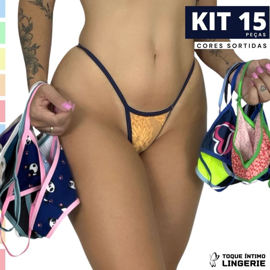 Kit 15 Calcinhas Tirinha Fio Dental Feminina Lisa Estampada Adulto Conforto Sensual Promocional