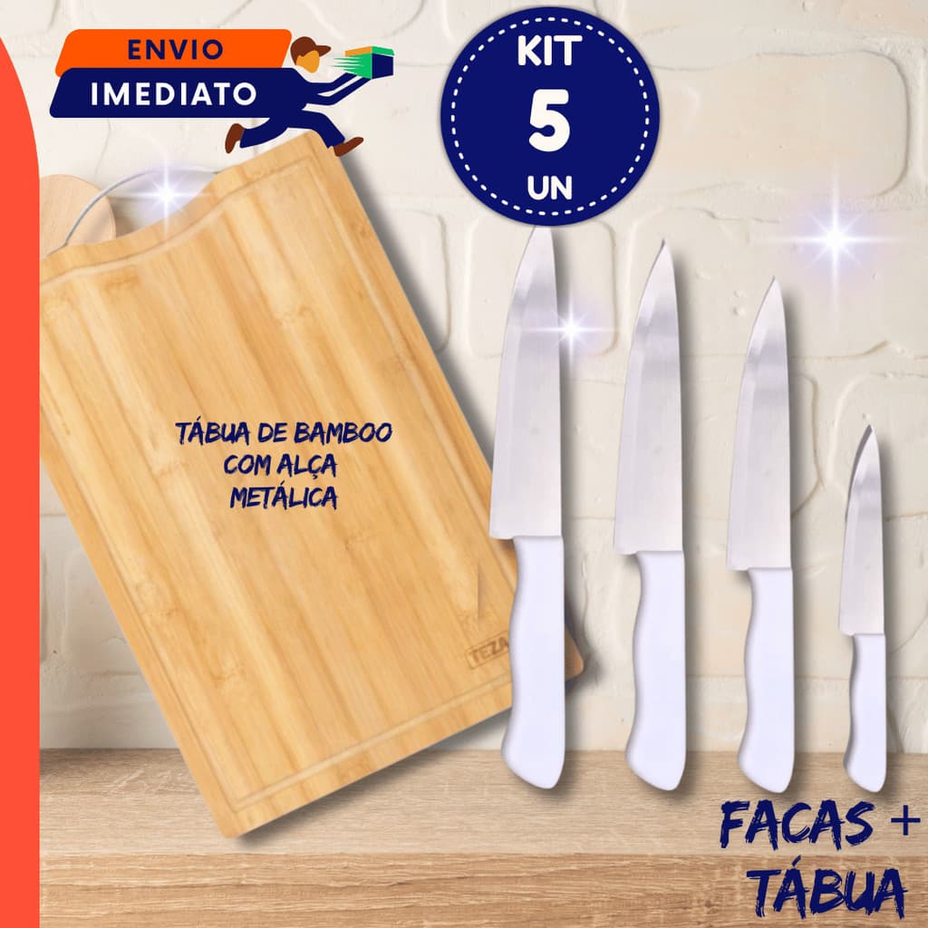 Kit 5 un Facas Peixeira Inox + Tábua Corte  8” 7” 5” 3,5” Cabo Branco Para Cozinha e Churrasco Cortar Legumes Carne