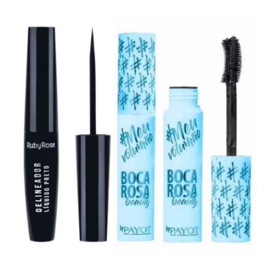 KIT Boca Rosa Máscara Para Cílios Rímel Meu Volumao By Payot + Delineador Líquido Preto Ruby Rose HB8406