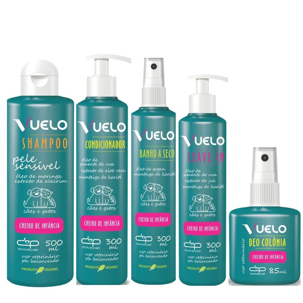 Kit Dolce Pet Vuelo Para Cães e Gatos - Shampoo, Condicionador, Banho a Seco, Leave-In e Deo Colônia