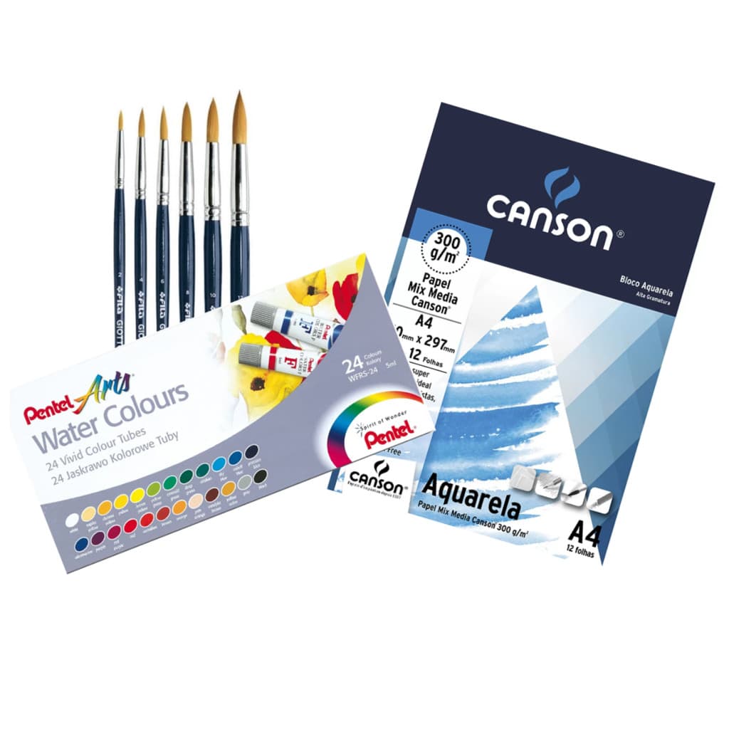 Kit Aquarela 24 cores+Bloco Papel Canson A4 + 6 Pinceis Giotto