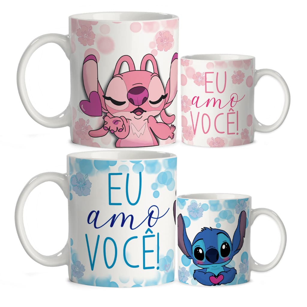 Caneca Personalizada Stitch Lilo Ohana Eu Amo você Kit 2 Unidades com Nome caneca personalizada