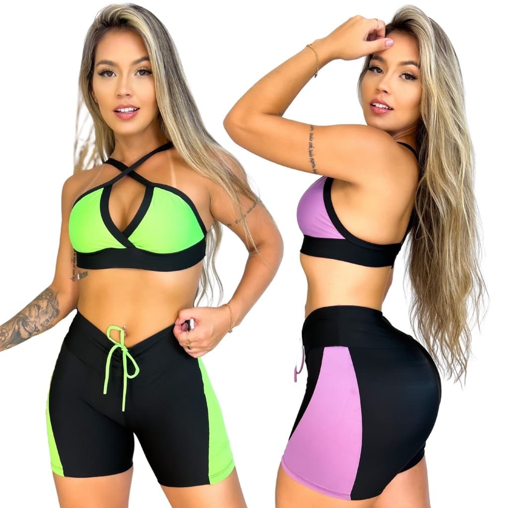 Conjunto Fitness Academia Short Cadarço e Top Cores diversas