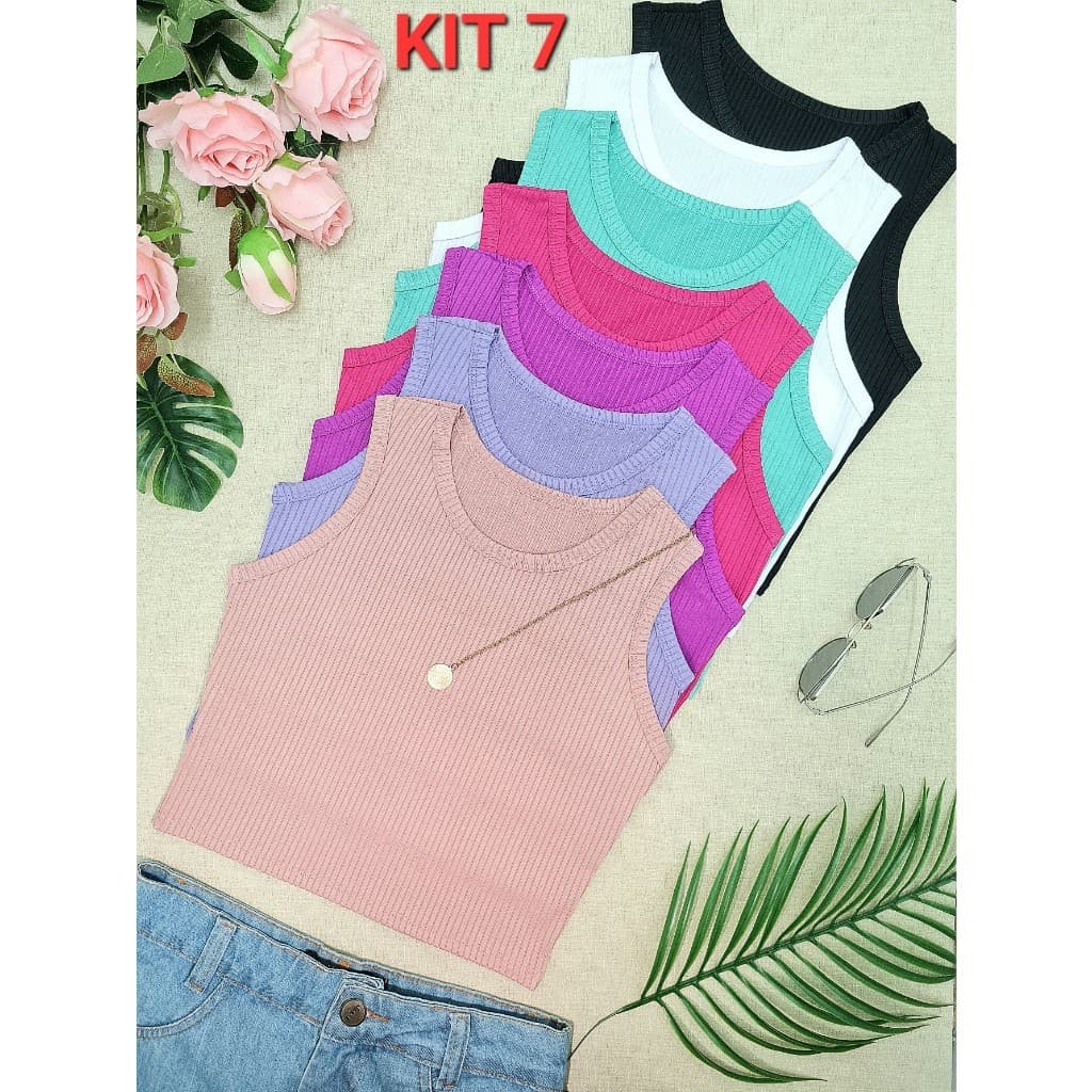 KIT7 Simples básico Regata & Camisa de malha canelada 7 cores