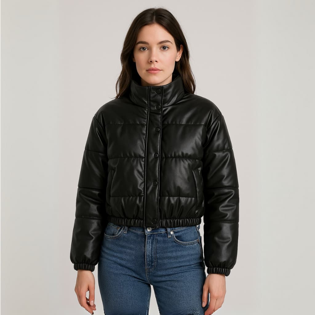 Jaqueta Puffer Feminina Couro PU Forrada