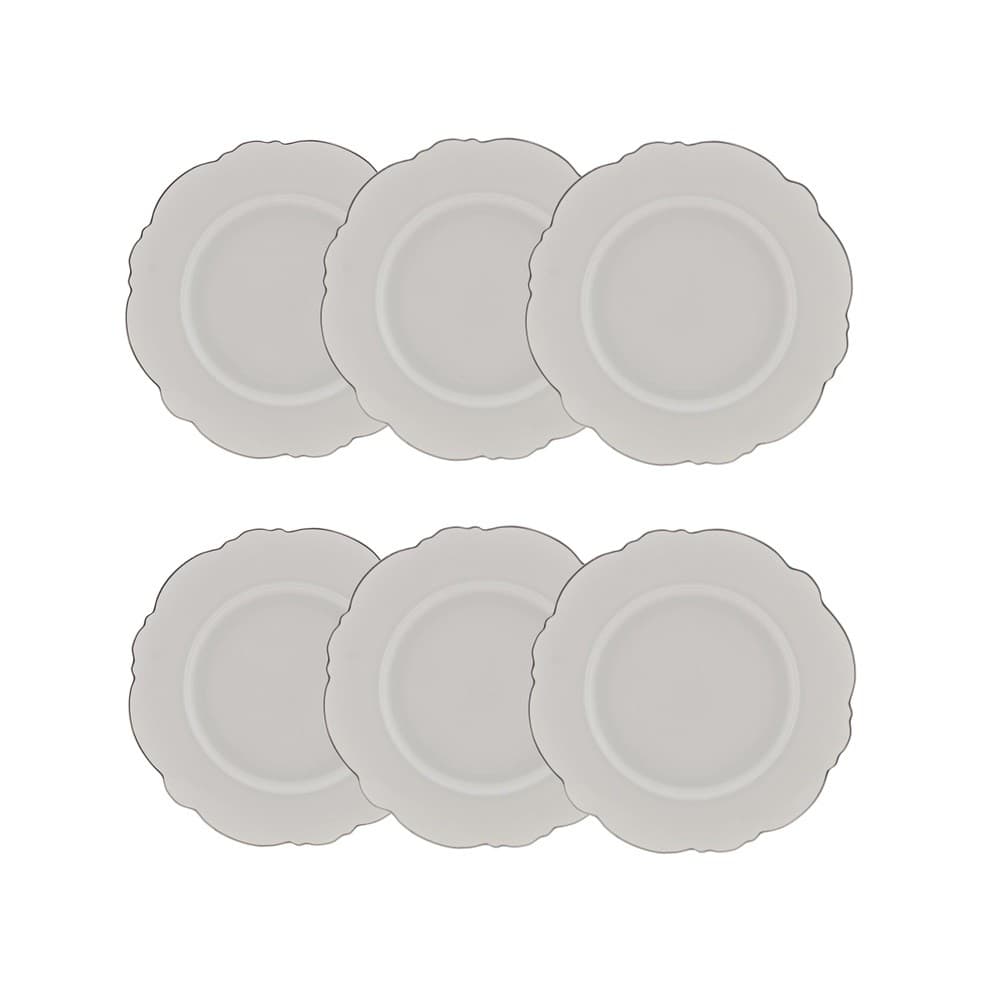Cj 6 Pratos para Sobremesa de Porcelana Branca Maldivas C/Filete Prata 21cm Wolff