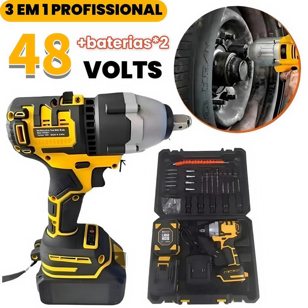 Furadeira elétrica, furadeira de impacto, chave inglesa 3 em 1 com duas baterias, 48V e 36V Li-Ion