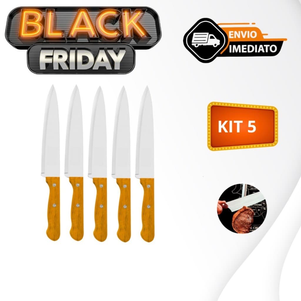 Kit Facas De Cozinha Inox Profissional 7 Do Chef Cabo Madeira 30cm 5 Unidades