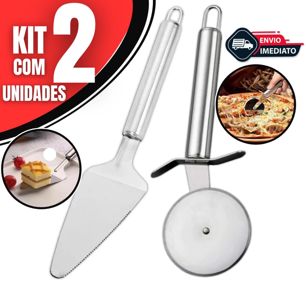 Conjunto Cortador de Pizza e Espátula Inox | Utensílios para Pizza e Massa 2 Peças
