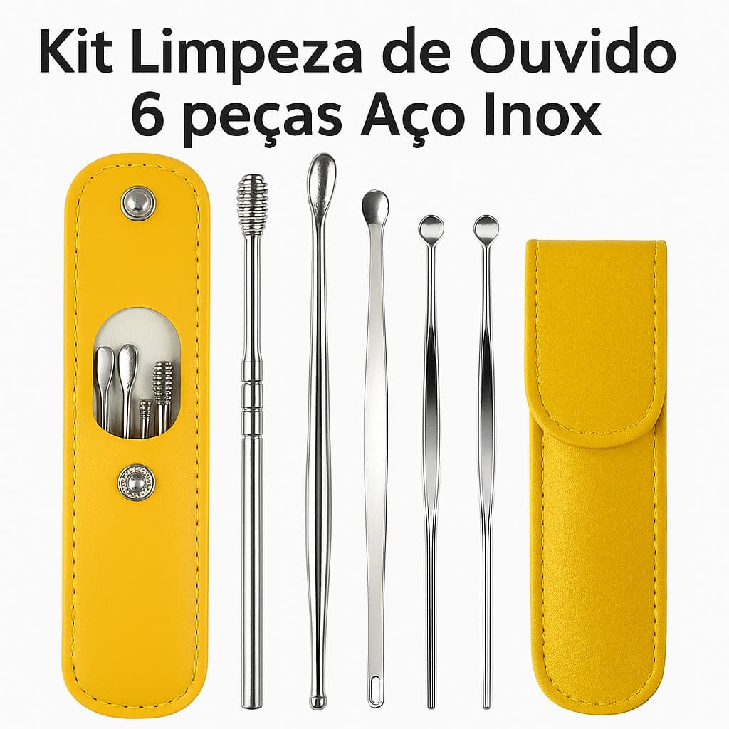 Kit Limpeza de Ouvido 6 Peças Aço Inox com Estojo Portátil – Higiene e Segurança
