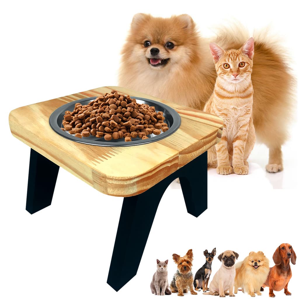 Comedouro Alimentador Gato Cachorro Pet Alto Elevado Tigela Inox Madeira Resistente Elegante Moderno P