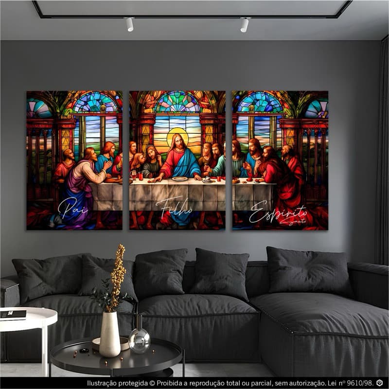 Kit 3 Peças Quadros Decorativos Santa Ceia De Jesus Pai Filho Espírito Santo Religioso