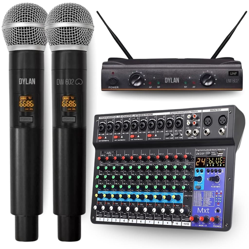 Kit Console Mesa Som 12 Canais Bluetooth Midi Usb Mixer Combo Efeitos + Microfone Dylan Duplo Sem Fio Cardiode Dinamico