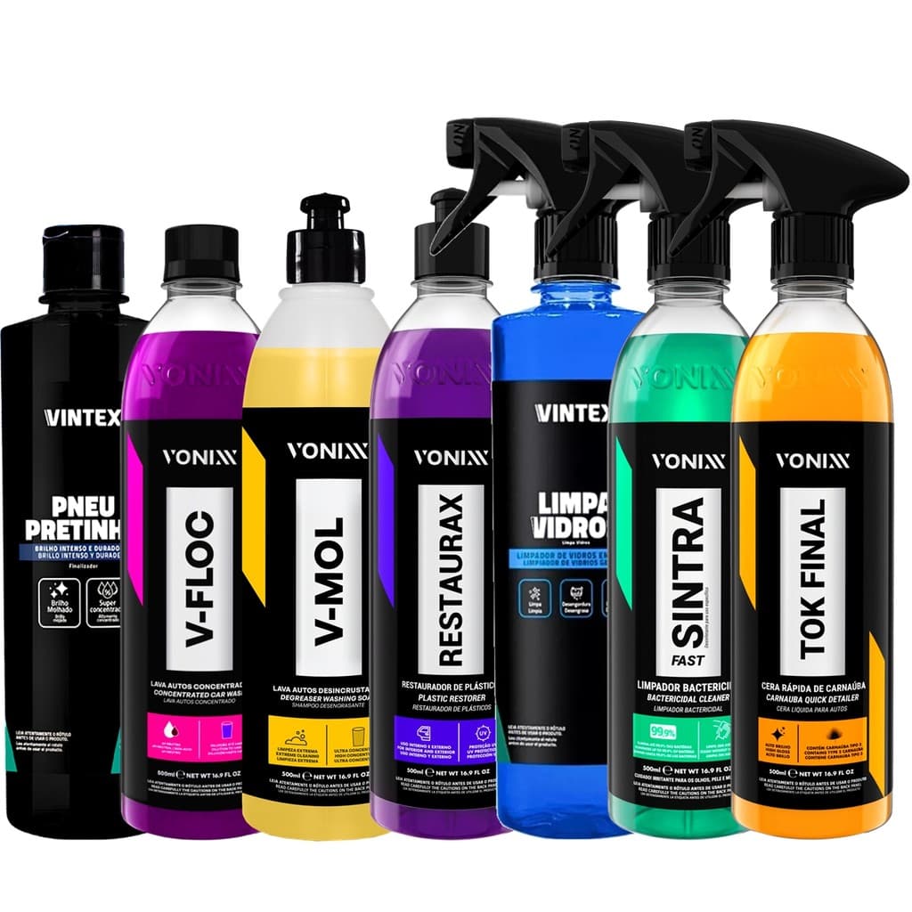 Kit Completo Vonixx Cera Tok Final Sintra Fast Restaurax V-Floc V-Mol 500ml Pneu Pretinho Limpa Vidros 500ml Vintex