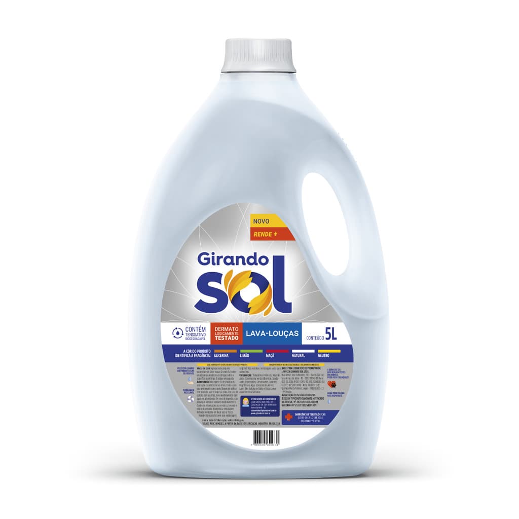Detergente Lava-Louças Natural Girando Sol 5L, Detergente Líquido Para Lavar Louças, Incolor, Contém Tensoativo Biodegra