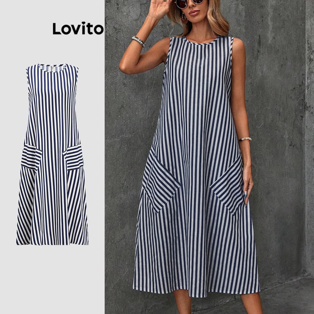 (Casual) Lovito Vestido Vestido Listrado Com Bolso Para Mulheres LBL18851