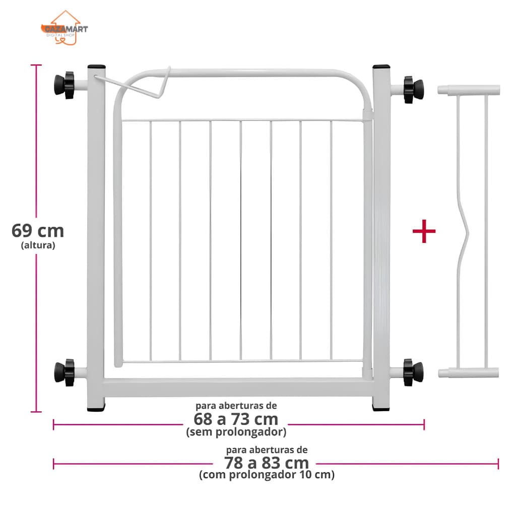 Cercado para Cachorro Portão Portãozinho Grade de Segurança Pets Gato Coelho Crianças c/ Extensor 10 cm - 68 a 83 cm